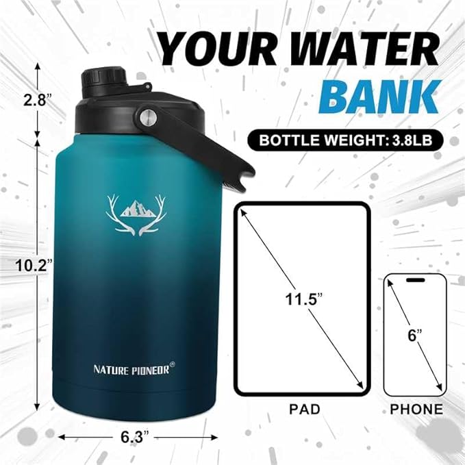 NATURE PIONEOR One Gallon Water Bottle Insulated - Large Double Vacuum Stainless Steel 128 oz Water Bottle with Holder/Carrier, 1 Gallon Water Jug,128oz, Wide Mouth