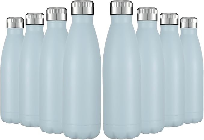 HASLE OUTFITTERS 17oz Stainless Steel Water Bottles Bulk, Vacuum Insulated Water Bottles Double Walled Reusable Metal Sports Water Bottles Keep Drinks Hot and Cold, Light Blue, 8Packs