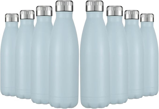 HASLE OUTFITTERS 17oz Stainless Steel Water Bottles Bulk, Vacuum Insulated Water Bottles Double Walled Reusable Metal Sports Water Bottles Keep Drinks Hot and Cold, Light Blue, 8Packs