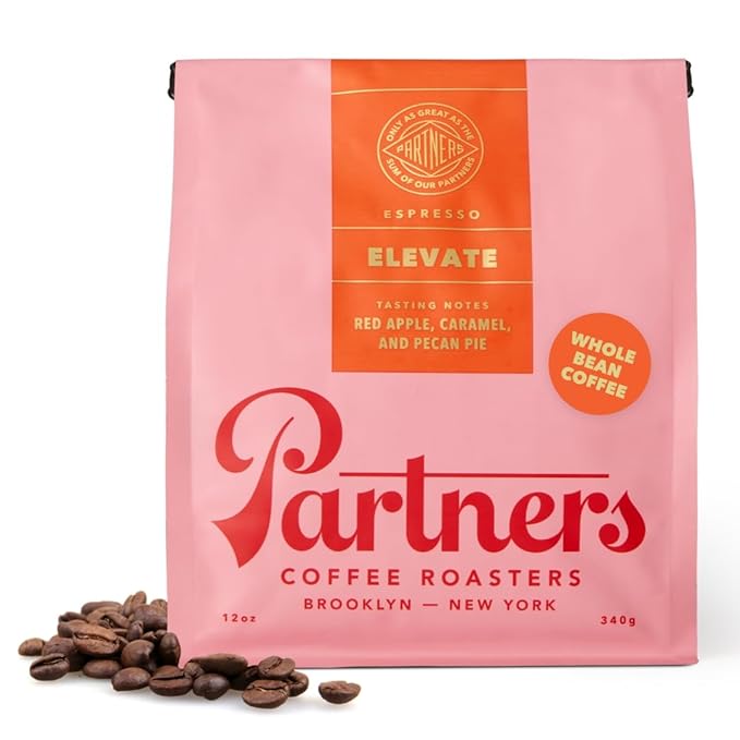 PARTNERS COFFEE ROASTERS - Whole Bean Coffee (Elevate - Espresso, Medium Roast) 12oz - Well-Balanced, Comfortable Espresso - Red Apple, Caramel, Pecan Pie - Coffee Beans - Roasted in New York City