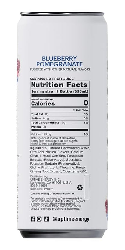 UPTIME Energy Drink, Blueberry Pomegranate, 12 Pack, Vitamin C, L Theanine, Calcium, Sugar Free Energy Drinks for Focus Support, 142mg of Natural Caffeine, 0 Calories, Clean, Natural, 12 fl oz Cans