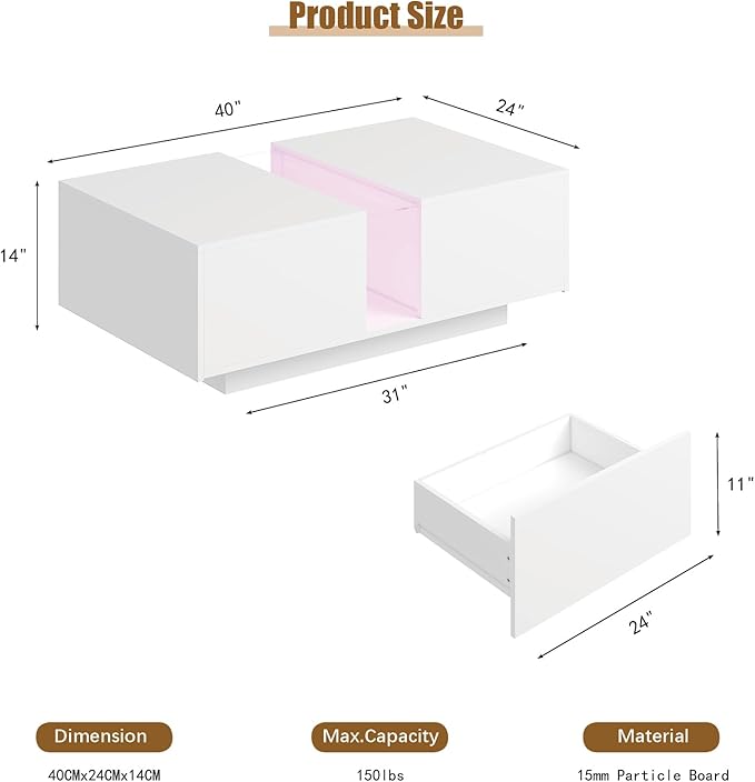 White Led Coffee Table for Living Room, Rectangular Living Room Table with Storage, Acrylic Coffee Tables with 2 Sliding Drawers, Wood Center Table for Reception Dinning Room