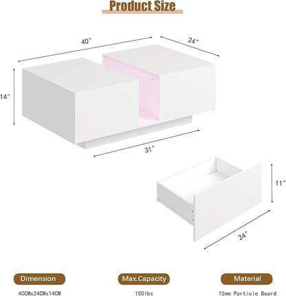 White Led Coffee Table for Living Room, Rectangular Living Room Table with Storage, Acrylic Coffee Tables with 2 Sliding Drawers, Wood Center Table for Reception Dinning Room
