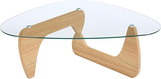 Modern Triangle Coffee Table, 44.5'x32'x16.5', Transparent Glass Top, Walnut Base