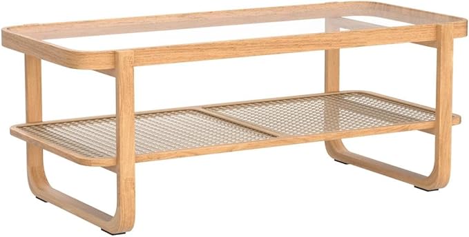 Rattan Coffee Table with Tempered Glass Top,Wood Coffee Table for Living Room,Glass Top with Imitation Rattan Storage Shelf, Rectangle Coffee Table for Living Room