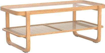 Rattan Coffee Table with Tempered Glass Top,Wood Coffee Table for Living Room,Glass Top with Imitation Rattan Storage Shelf, Rectangle Coffee Table for Living Room