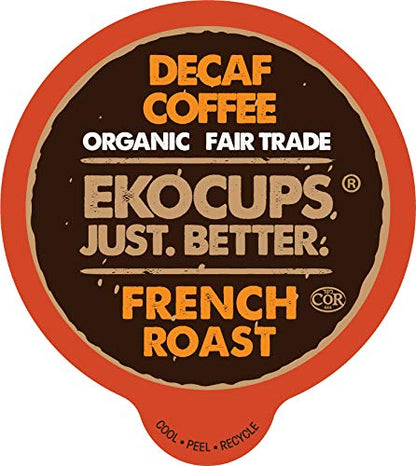 EKOCUPS Organic Swiss Water Decaf French Roast Coffee Pods, Extra 30% More Coffee Per Cup, Artisan Fair Trade Dark Roast, Decaf French Roast for Keurig K Cup Machines, Recyclable Pods, 80 Count