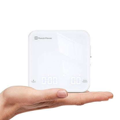 Rechargeable Mini Coffee Scale with Timer, Maestri House Espresso Scale, 2kg/0.1g Accurate Scale for Espresso and Pour-Over Coffee, Portable Digital Kitchen Scale with Automatic Timing（White）