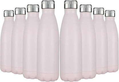 HASLE OUTFITTERS 17oz Stainless Steel Water Bottles Bulk, Vacuum Insulated Water Bottles Double Walled Powder Coated Reusable Metal Sports Water Bottles Keep Drinks Hot and Cold,Pink, 8Packs