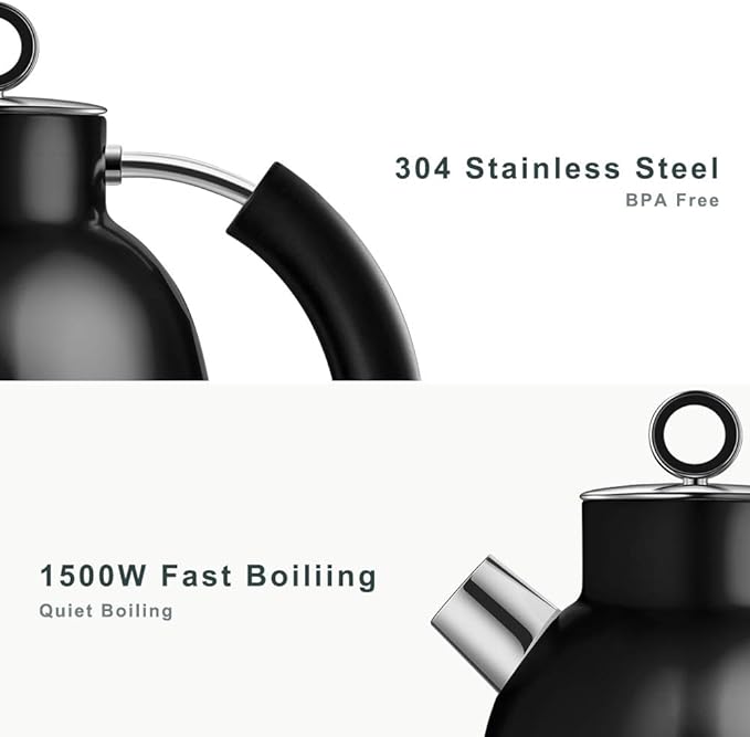 ASCOT Electric Kettle, Electric Tea Kettle Hot Water Kettle Stainless Steel Kettle 1.6L 1500W Retro Tea Heater & Boiling Water, Auto Shut-Off and Boil-Dry Protection (Black)