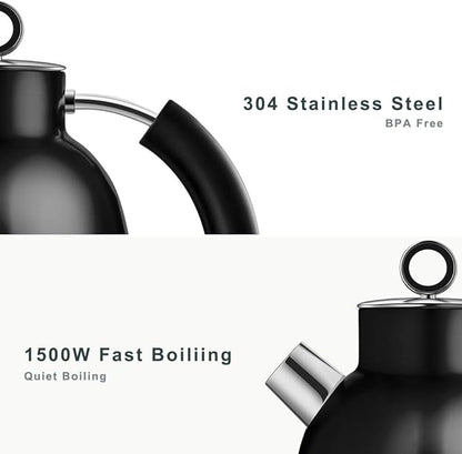 ASCOT Electric Kettle, Electric Tea Kettle Hot Water Kettle Stainless Steel Kettle 1.6L 1500W Retro Tea Heater & Boiling Water, Auto Shut-Off and Boil-Dry Protection (Black)