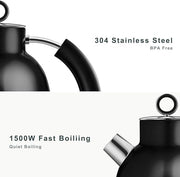 ASCOT Electric Kettle, Electric Tea Kettle Hot Water Kettle Stainless Steel Kettle 1.6L 1500W Retro Tea Heater & Boiling Water, Auto Shut-Off and Boil-Dry Protection (Black)