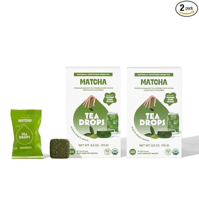 Tea Drops Lightly Sweetened Organic Tea Bulk Box | Matcha Green Tea | Iced or Hot Bagless Instant Tea Beverages Gift Set | Includes Premium Organic Japanese Matcha Powder | 10 Drops per Box