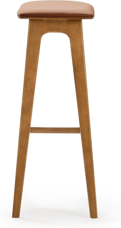 Plank+Beam Beryl Bar Height Stool - Mid-Century Modern Rubberwood Bar Stool with Faux Leather Seat, Metal Footrest, Easy Assembly, 4-Pack, Pecan/Toffee