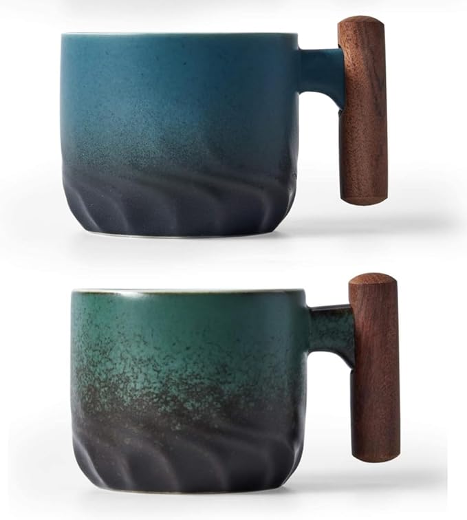 Ceramic Espresso Cups with Wooden Handle Espresso Shot Cups Ceramic Tea Cups Porcelain Demitasse Cups for Coffee or Tea, 3oz (blue&green, 2)