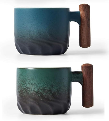 Ceramic Espresso Cups with Wooden Handle Espresso Shot Cups Ceramic Tea Cups Porcelain Demitasse Cups for Coffee or Tea, 3oz (blue&green, 2)
