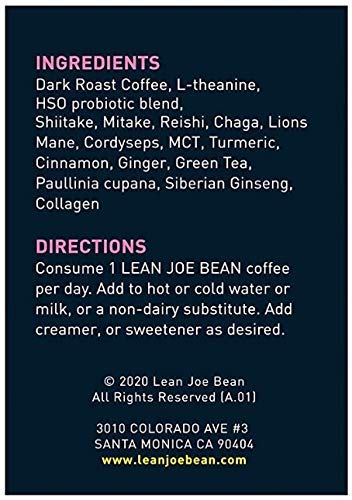 Lean Joe Bean Superfood Coffee | Organic Instant Keto Coffee with Mushrooms, MCT, Collagen, Turmeric, Probiotics & Folate | backed by Science (24 Count)
