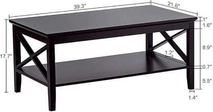 ChooChoo Oxford Coffee Table with Thicker Legs, Black Wood Coffee Table with Storage for Living Room