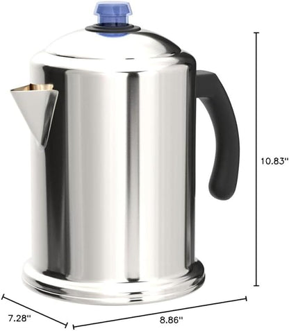 Farberware Classic Stainless Steel Coffee Percolator, 12 Cup, Silver with Glass Blue Knob, 7.28"D x 8.86"W x 10.83"H