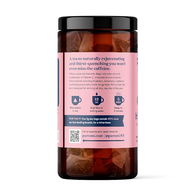 Paromi Hibiscus Berry Organic Herbal Tea, Signature Jar, 15 Count (Pack of 6)