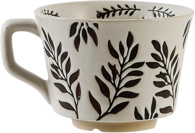 Ceramic Mug 1pcs, 11oz - Vintage Coffee Mug, Pottery Cups for Milk, Latte, Cappuccino, Tea - Porcelain Dishwasher, Microwave Safe Stoneware 1 PCS Olive Black Leave Set of 1