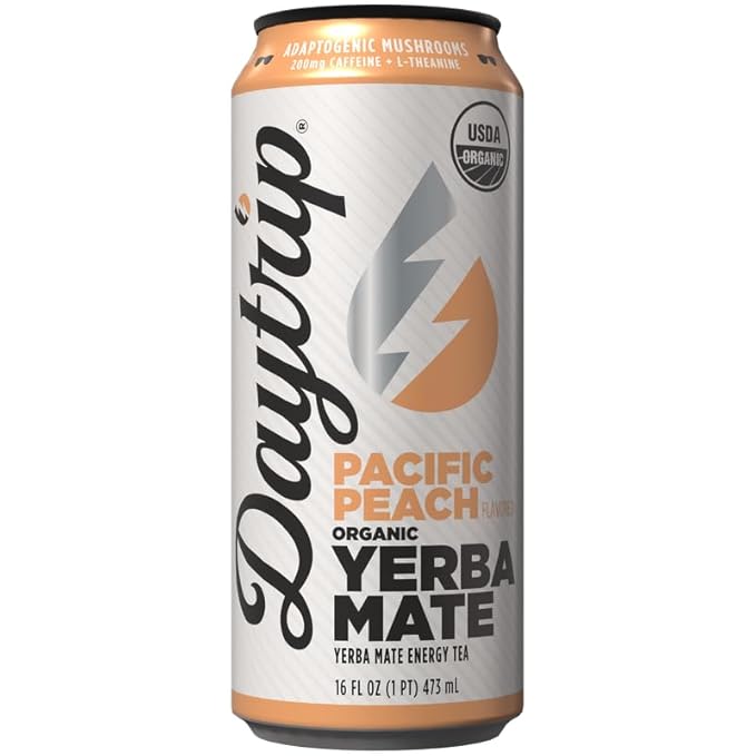 Daytrip Organic Yerba Mate Energy Drink- Clean, Plant Based Caffeine (200mg) with Adaptogenic Mushrooms and Green Tea for Focus and Brain Fog - Low Calorie, Low Sugar (12 Pack Case)