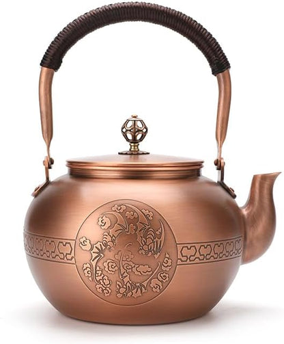 KunwuShan KWS Handmade Copper Teapot, 1.5mm Thick, 1600ml, Red, No Coating, Pure Copper, Large Size, With Lid
