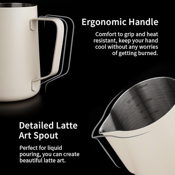 watchget Milk Frothing Pitcher 20oz/600ml - Stainless Steel Espresso Steaming Pitcher for Cappuccino & Latte Art, Creamy White