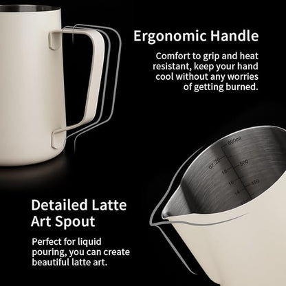 watchget Milk Frothing Pitcher 20oz/600ml - Stainless Steel Espresso Steaming Pitcher for Cappuccino & Latte Art, Creamy White
