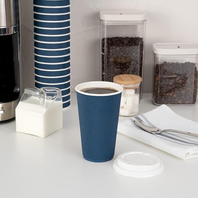Restaurantware 16 Ounce Ripple Wall Disposable Coffee Cups, 500 Insulated Midnight Blue Paper Tumblers with Rolled Rim Design, Lids Sold Separately for Hot Drinks like Tea, Hot Chocolate and More