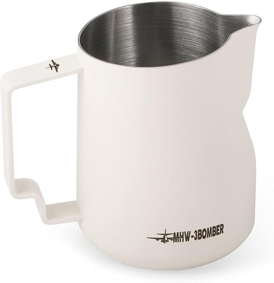MHW-3BOMBER Milk Frothing Pitcher 520ml/17.6oz Milk Frother Cup Espresso Steaming Pitcher Stainless Steel Milk Frother Cup Barista Latte Art Round Spout Milk Jug, Cream white P6019W-OS