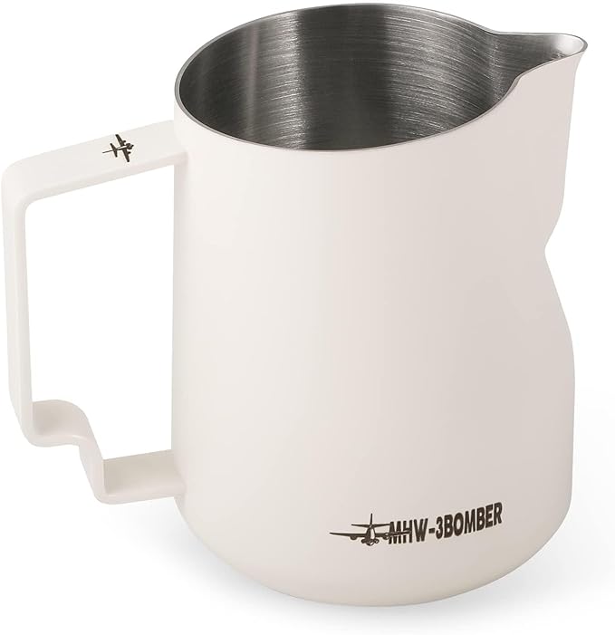 MHW-3BOMBER Milk Frothing Pitcher 12oz/350ml Milk Frother Cup Espresso Steaming Pitcher Stainless Steel Milk Frother Cup Barista Latte Art Round Spout Milk Jug White P6013W-OS