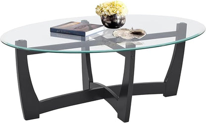 48" Oval Glass Coffee Table with Tempered Glass Top Cross and Solid Wood Base Simple & Modern Center Table for Living Room Office Apartment Black