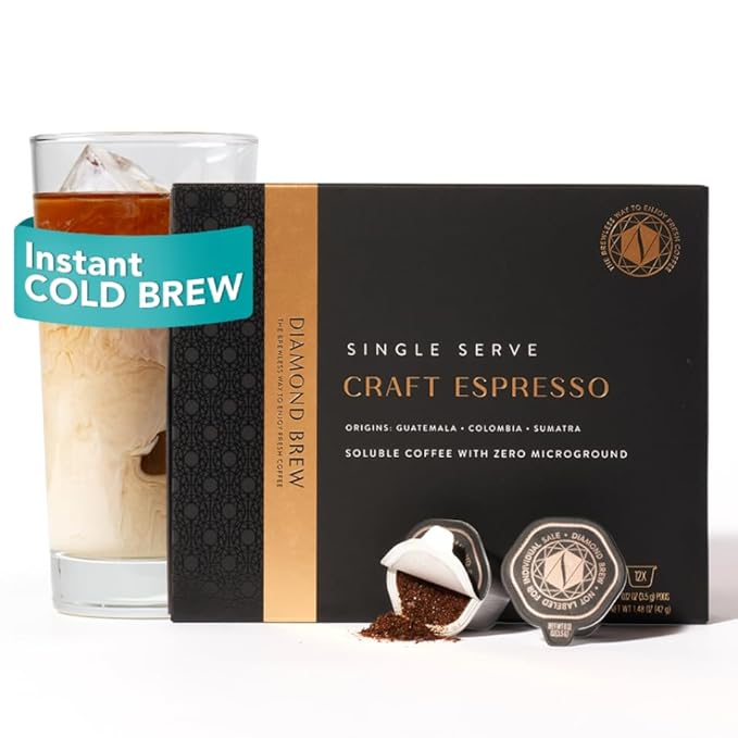 Luxury Instant Espresso - 160mg Caffeine, Hot or Iced Instant Coffees, Cold Brew Coffee, Double Shot Espresso, 12 Counts, 100% Arabica, Surgar Free, No Additives - Original Diamond Brew