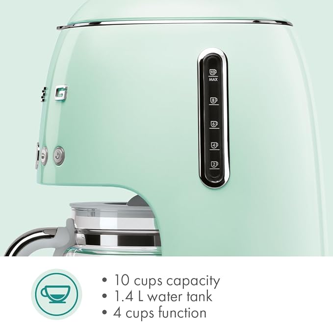 Smeg 50's Retro Style Aesthetic Drip Coffee Machine with 10 Cup Glass Carafe, Auto Start Feature, Keep Warm Plate, and Two Coffee Strength Settings (Pastel Green)