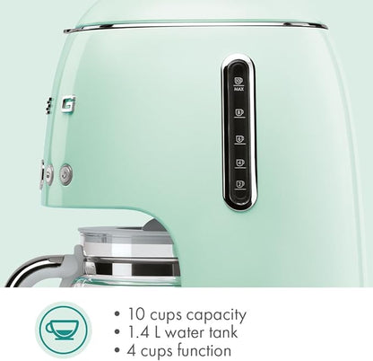 Smeg 50's Retro Style Aesthetic Drip Coffee Machine with 10 Cup Glass Carafe, Auto Start Feature, Keep Warm Plate, and Two Coffee Strength Settings (Pastel Green)