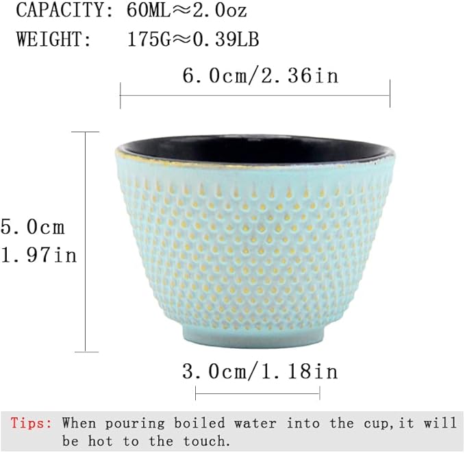 Japanese Cast Iron Tea Cups, Small and Heavy Teacups with no Handles, Japanese Style Cups for Adults, Asian Teacup, Coated with Enameled Interior, 4 Pcs/Box (Lightblue, 2oz/60ml)