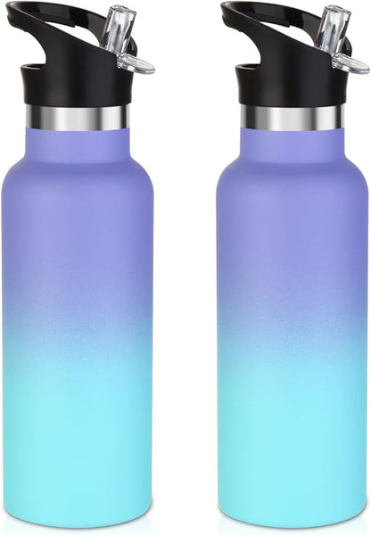 Volhoply 17oz Insulated Water Bottles Bulk 2 Pack,Stainless Steel Kids Water Bottle with Straw Lid,Reusable Sports Flask Keep Cold (Purple Blue,2 Set)