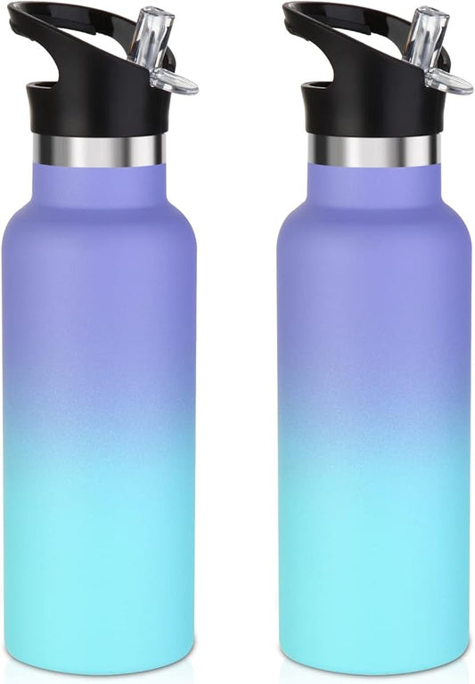 Volhoply 17oz Insulated Water Bottles Bulk 2 Pack,Stainless Steel Kids Water Bottle with Straw Lid,Reusable Sports Flask Keep Cold (Purple Blue,2 Set)
