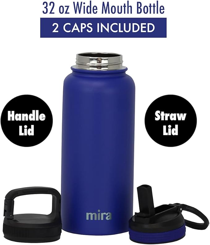 MIRA 32 oz Insulated Water Bottle - Stainless Steel Sports Flask with 2 Lids (Straw & Handle) - Cold Drink Thermo - Blue