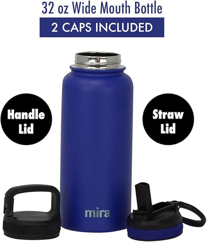 MIRA 32 oz Insulated Water Bottle - Stainless Steel Sports Flask with 2 Lids (Straw & Handle) - Cold Drink Thermo - Blue