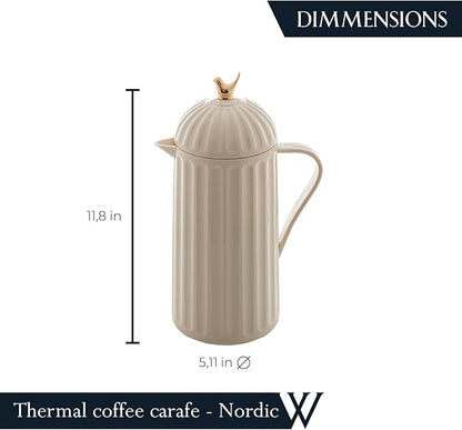 WOLFF 1 Liter White Bird Thermal Coffee Carafe, Plastic Exterior with Glass Lining Insulated Beverage Dispenser for Hot and Cold Drinks, Thermos Bottle for Tea, Water Pitcher - White, 34floz/1L