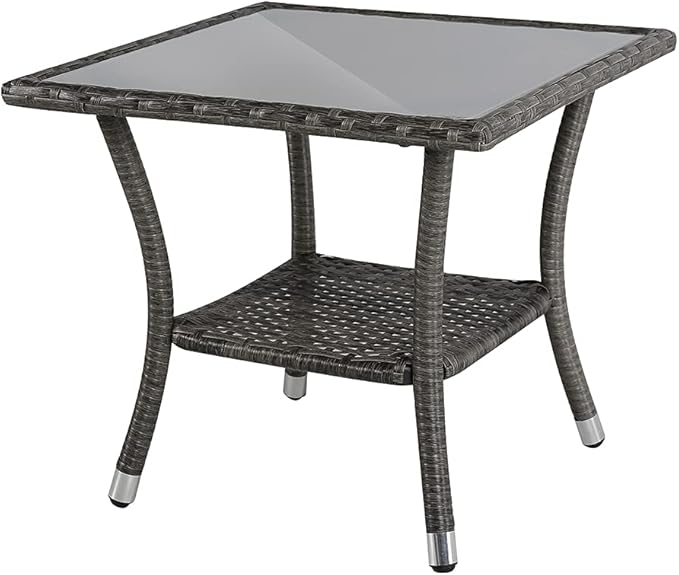 Super Patio Outdoor Side Table, 20" Square Wicker End Coffee Table with Tempered Glass Top, Aluminum Frame, Gray