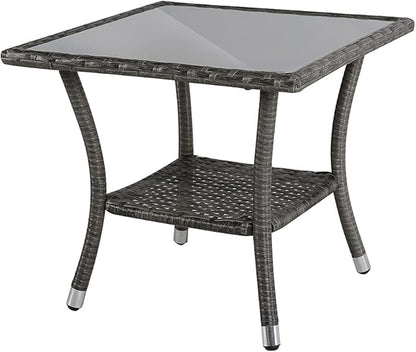 Super Patio Outdoor Side Table, 20" Square Wicker End Coffee Table with Tempered Glass Top, Aluminum Frame, Gray