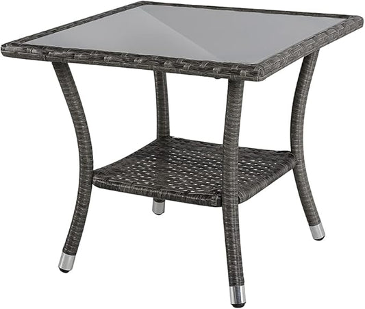 Super Patio Outdoor Side Table, 20" Square Wicker End Coffee Table with Tempered Glass Top, Aluminum Frame, Gray