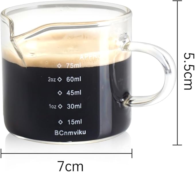 BCnmviku 2 PACK Espresso Glass Measuring Cup Triple Pitcher Milk Cup 75ML Espresso Cups with Handle Shot Glass with V-Shaped Mouth Clear Accessories Milk Frothing Pitcher (2)