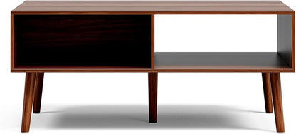 Coffee Table with Storage, Mid Century Dining Table with Fluted Drawer and Solid Wood Legs, Small Coffee Tables for Living Room, Walnut