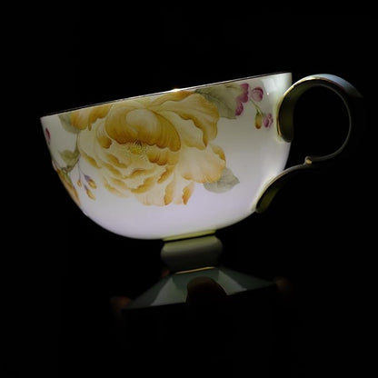 KAMMAK Ceramic Coffee Cups Saucers Set of 2, Porcelain Espresso Cups with Saucers, 7.44 oz Handcrafted Elegant Bone China Tea Cups, Yellow Peony Floral Pattern Teacup for Party, Office, Women Gift