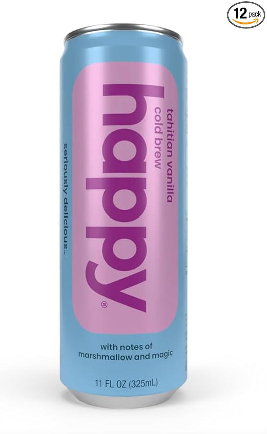 happy coffee tahitian vanilla cold brew, 11 oz. cans, 12 pack, notes of marshmallow & magic, 100% arabica beans, no artificial flavors or artificial sweeteners