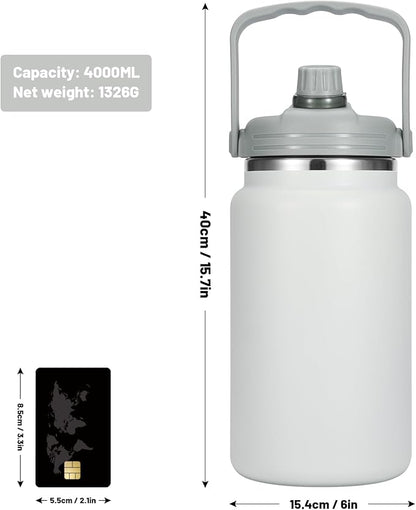 1 Gallon Thermosflask with Straw, 135oz Stainless Steel Insulated Water Bottle，4L Oversized Double Wall Vacuum Jug with Handle for Hot Cold Drinks, Wide mouth Icebuckets for Hiking Sports(White)